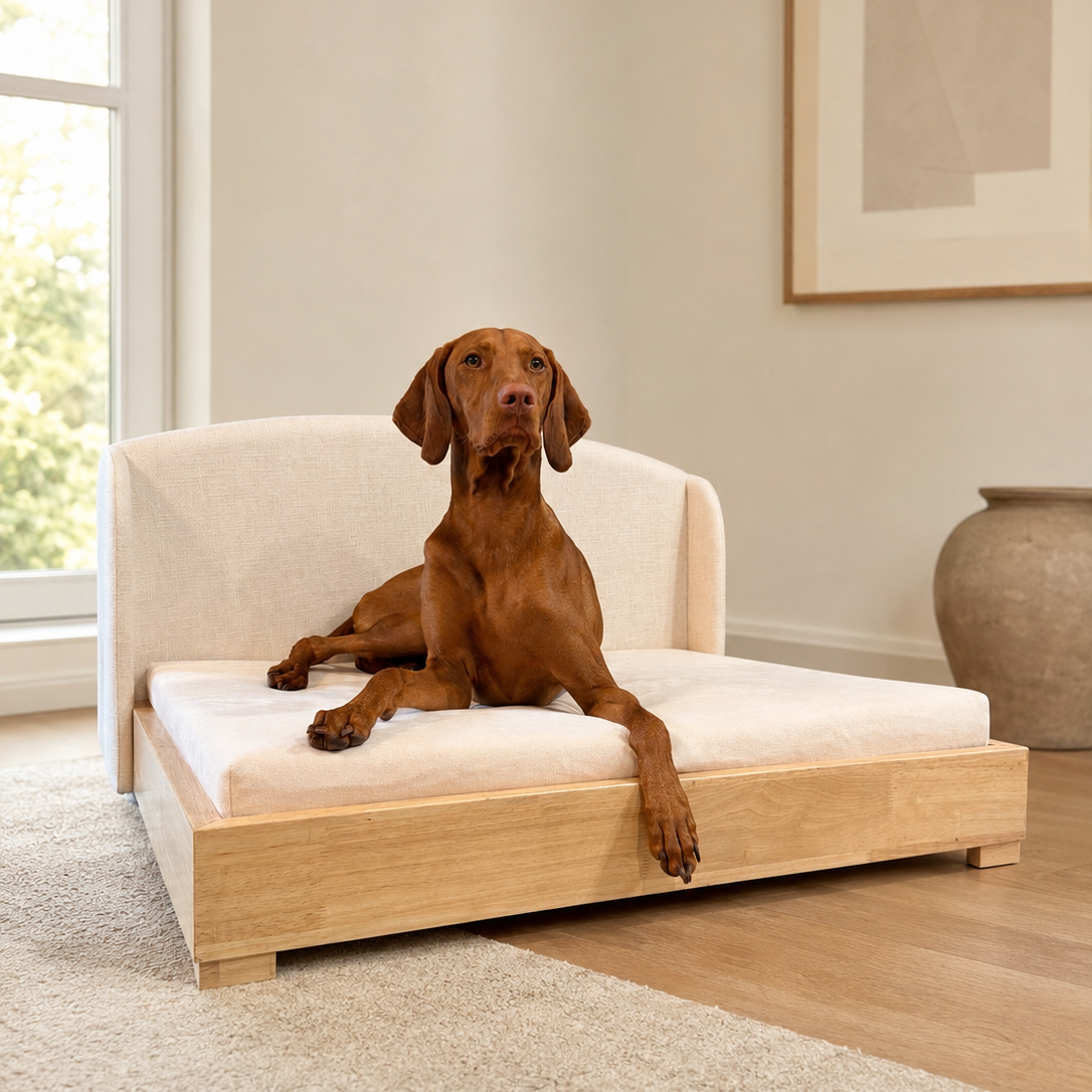 Brown dog relaxing on a cream upholstered dog sofa bed with a natural wood frame in a bright living room.