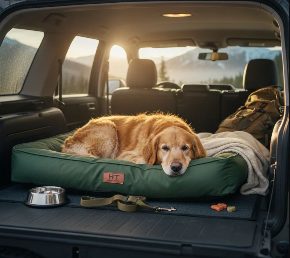 A golden retriever resting on a green waterproof HT Animal Supply bed in the back of an SUV during a sunset road trip.