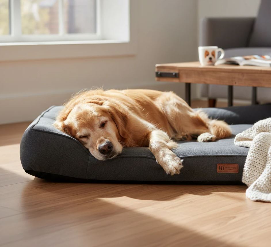 A Golden Retriever sleeping deeply on an orthopedic HT Animal Supply bed, highlighting the joint support and comfortable bolstered edges.