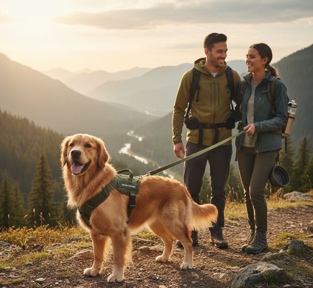 A large dog standing proudly in a padded, durable adventure harness during a mountain hike, showcasing the safety and style of HT Animal Supply gear.