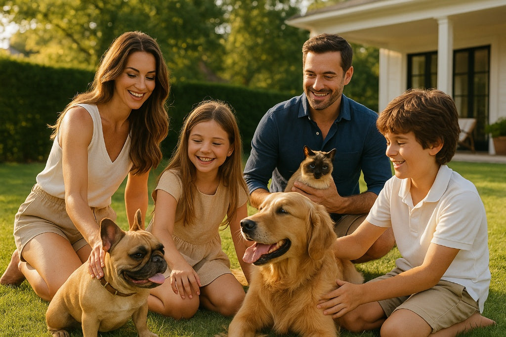 A happy family of four sitting on a lush green lawn with their two dogs and a cat in front of a modern white farmhouse, representing the inclusive and joyful pet-parent lifestyle celebrated at HT Animal Supply.