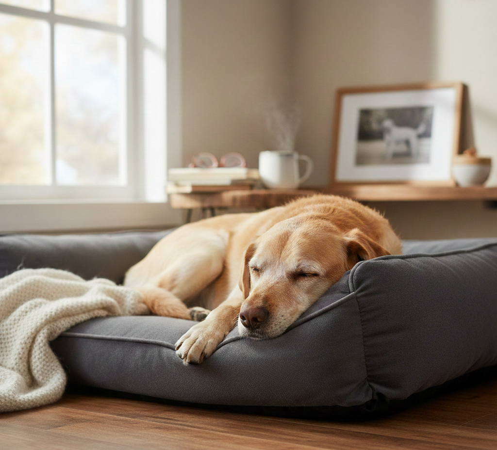 A senior yellow Labrador Retriever sleeping peacefully on a comfortable, grey bolstered orthopedic dog bed in a sunlit living room.