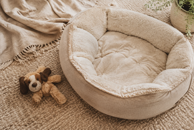 Soft cozy puppy dog bed with plush toy beside it