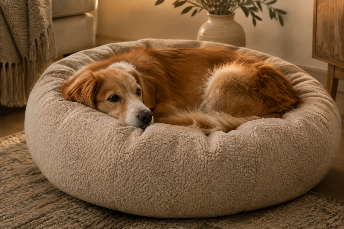 Dog curled up and relaxed in a deep donut nest bed