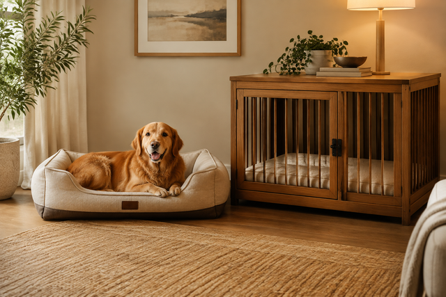 Stylish dog bed beside a modern wooden dog crate with a cushion inside