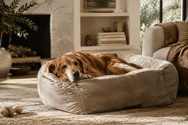Well-loved premium dog bed in a beautifully styled living room