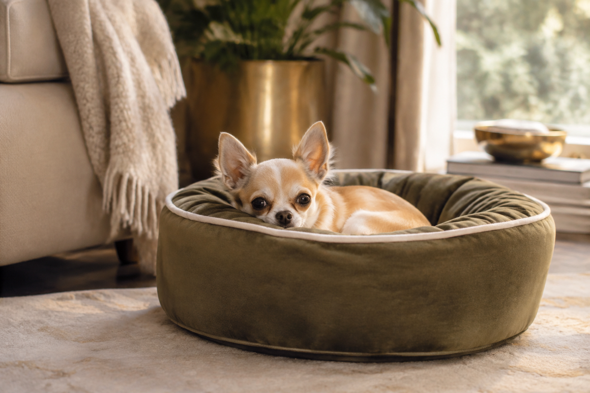 Tiny Chihuahua nestled in a perfectly sized round bolster bed