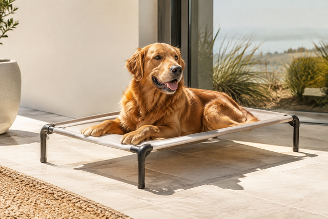Modern elevated mesh dog bed on a sunny patio with warm natural light