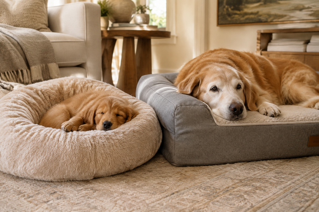 Puppy asleep in a soft plush nest bed beside a senior dog resting on a supportive orthopedic bed