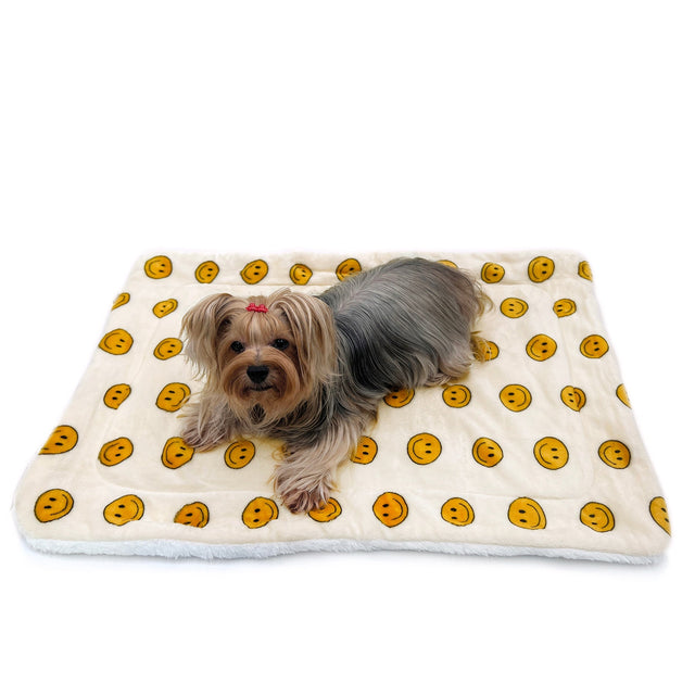 Dog with a Klippo Pet Double Layered Ultra Plush Happy Face Blanket