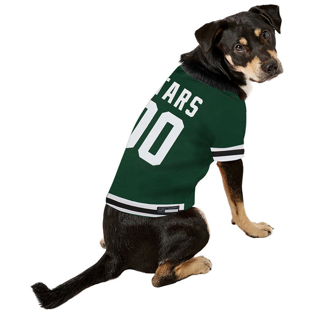 Dog wearing a green Dallas Stars hockey pet jersey