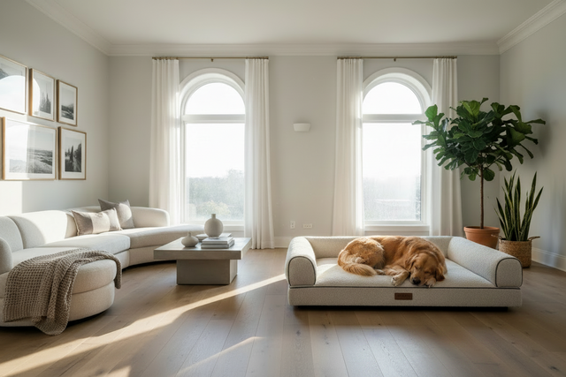 Large Golden Retriever sleeping on a premium white bolster dog bed in a bright modern living room — best large breed dog beds available at HT Animal Supply