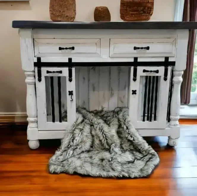 Stylish furniture-grade dog crate with a cozy blanket, perfect for design-conscious pet owners