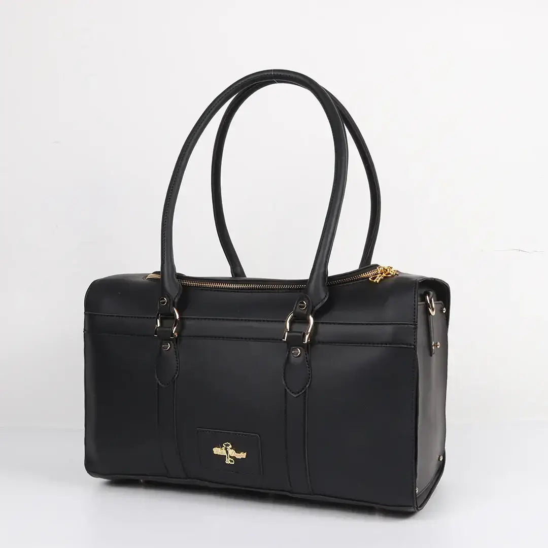 Stylish black travel bag perfect for summer trips with your dog and essential pet supplies