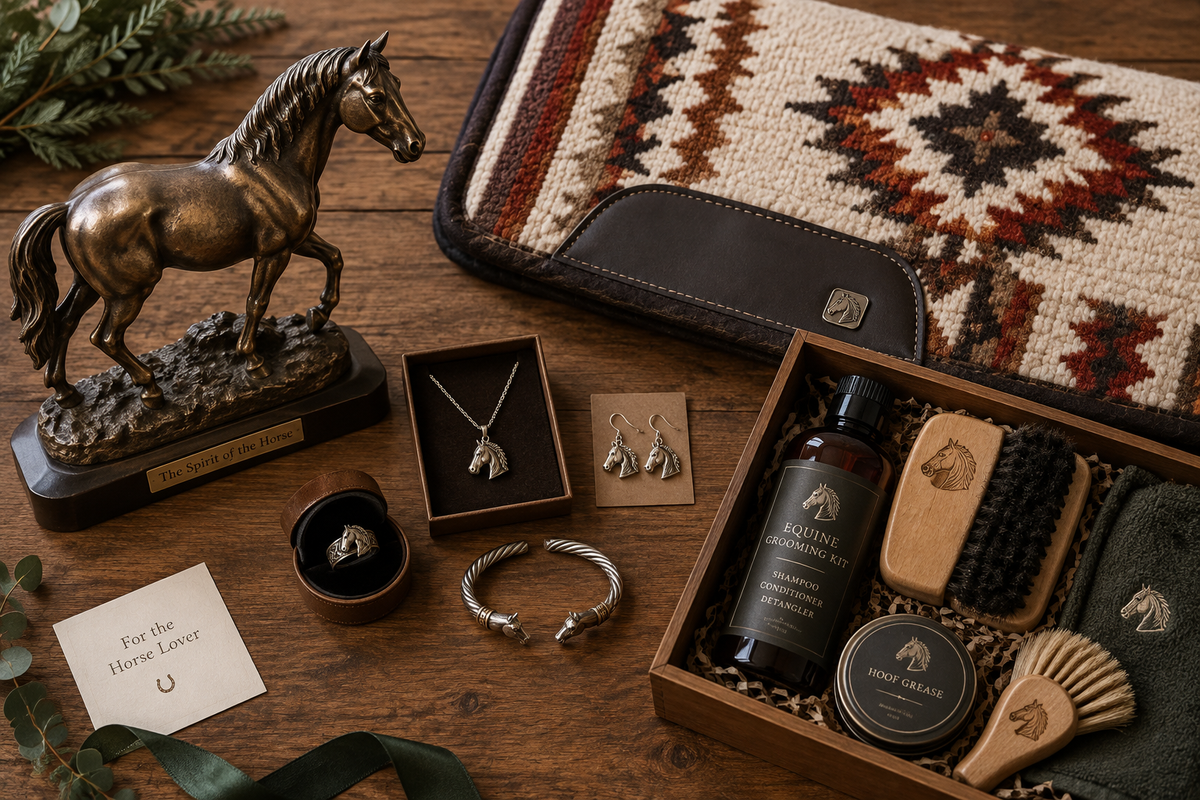 Curated equestrian gifts including bronze horse sculpture, jewelry, saddle pad, and grooming kit arranged on a rustic surface