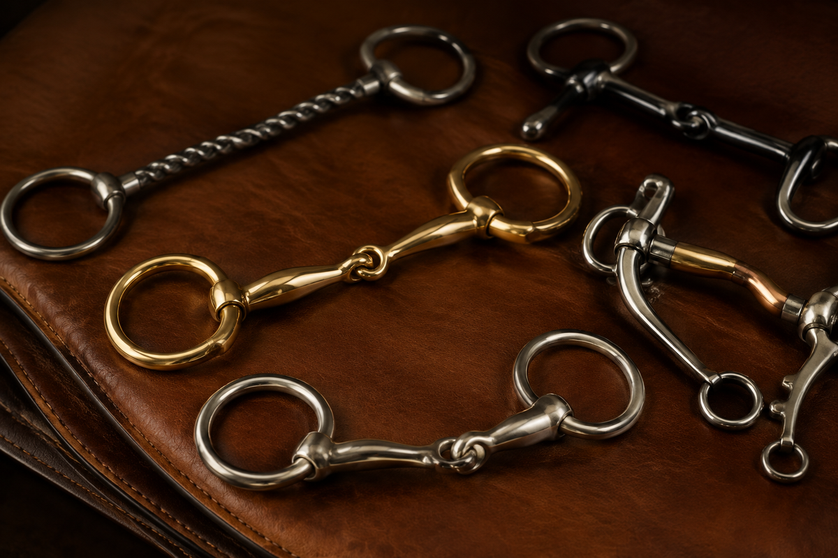Selection of elegant horse bits arranged on a leather surface