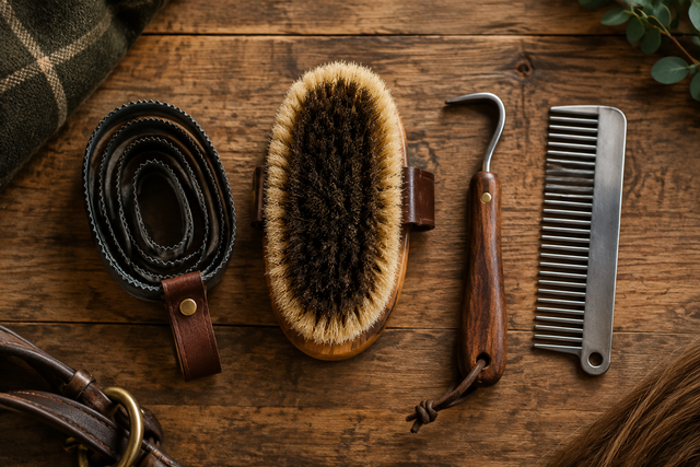 Essential horse grooming tools including curry comb, body brush, hoof pick, and mane comb arranged on a rustic wood surface