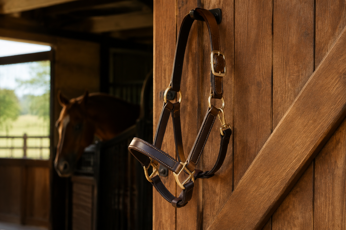 Leather horse halter hanging on a rustic wooden stable door