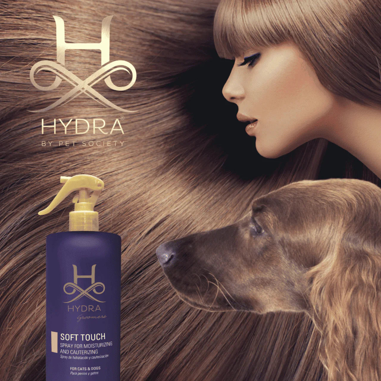 Professional promotional image for Hydra Soft Touch Grooming Spray featuring a woman with flowing, silky hair next to a dog with a matching high-shine, smooth coat, emphasizing the salon-quality results of Hydra pet products available at HT Animal Supply.