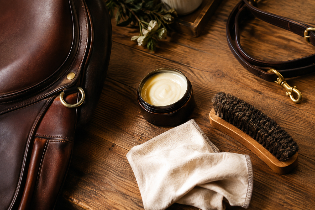 Leather saddle cleaning supplies arranged on a rustic wood surface