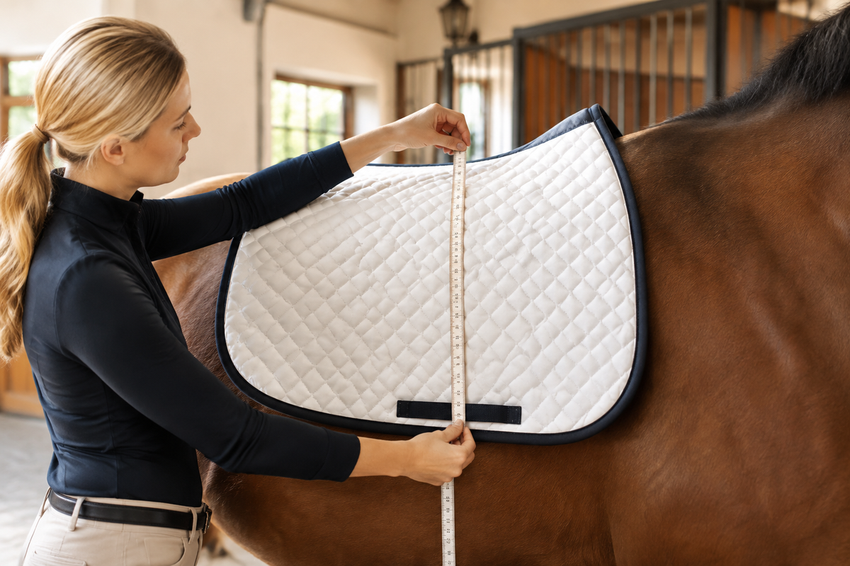Saddle pad being measured and fitted on a horse's back in a bright stable