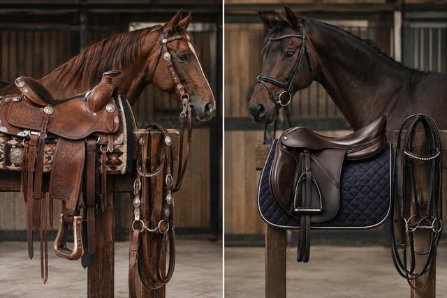 Western and English horse tack comparison side by side in a stable setting