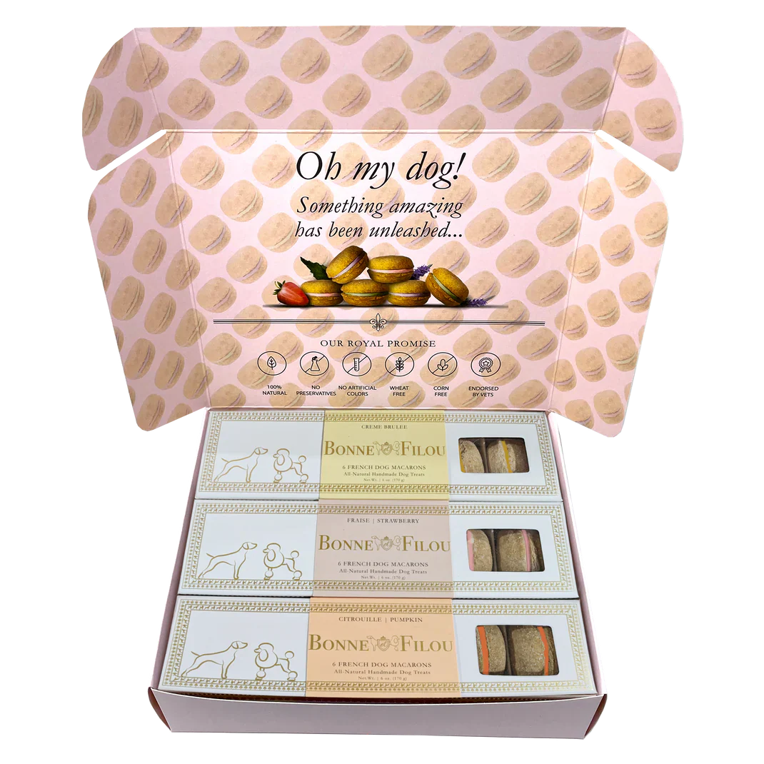 Bonne et Filou collection of luxury French-inspired dog macarons and gourmet pet treats