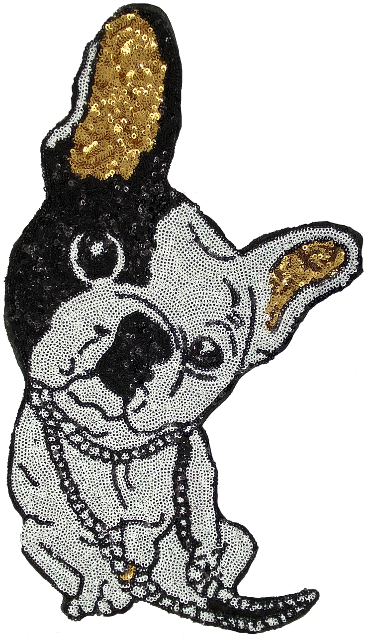 Embroidered patch of a playful French Bulldog with glittery gold ears from HT Animal Supply's Patch Collection, perfect for trendy pet fashion.