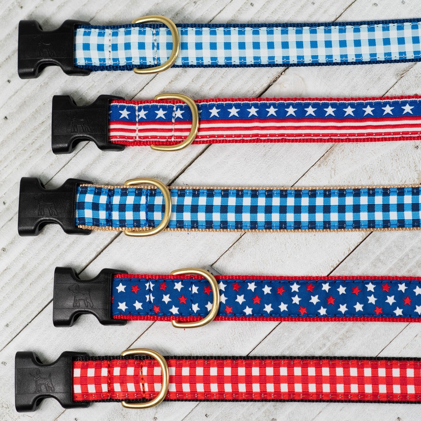 Designer dog collars in patriotic themes with stars and stripes, trendy pet fashion from Up Country collection, premium pet products 2025