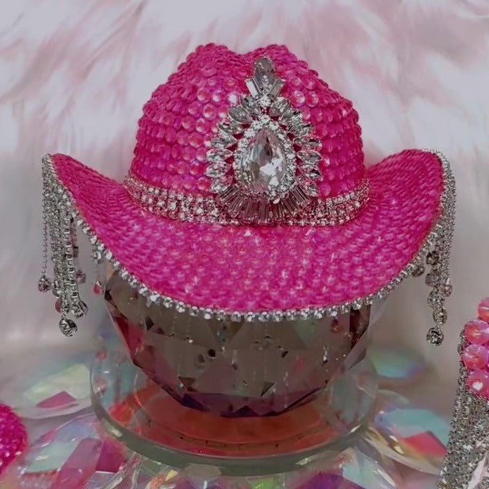 Exquisite pink crystal cowboy hat for pets from HT Animal Supply's Fit For Royalty collection, featuring dazzling embellishments.