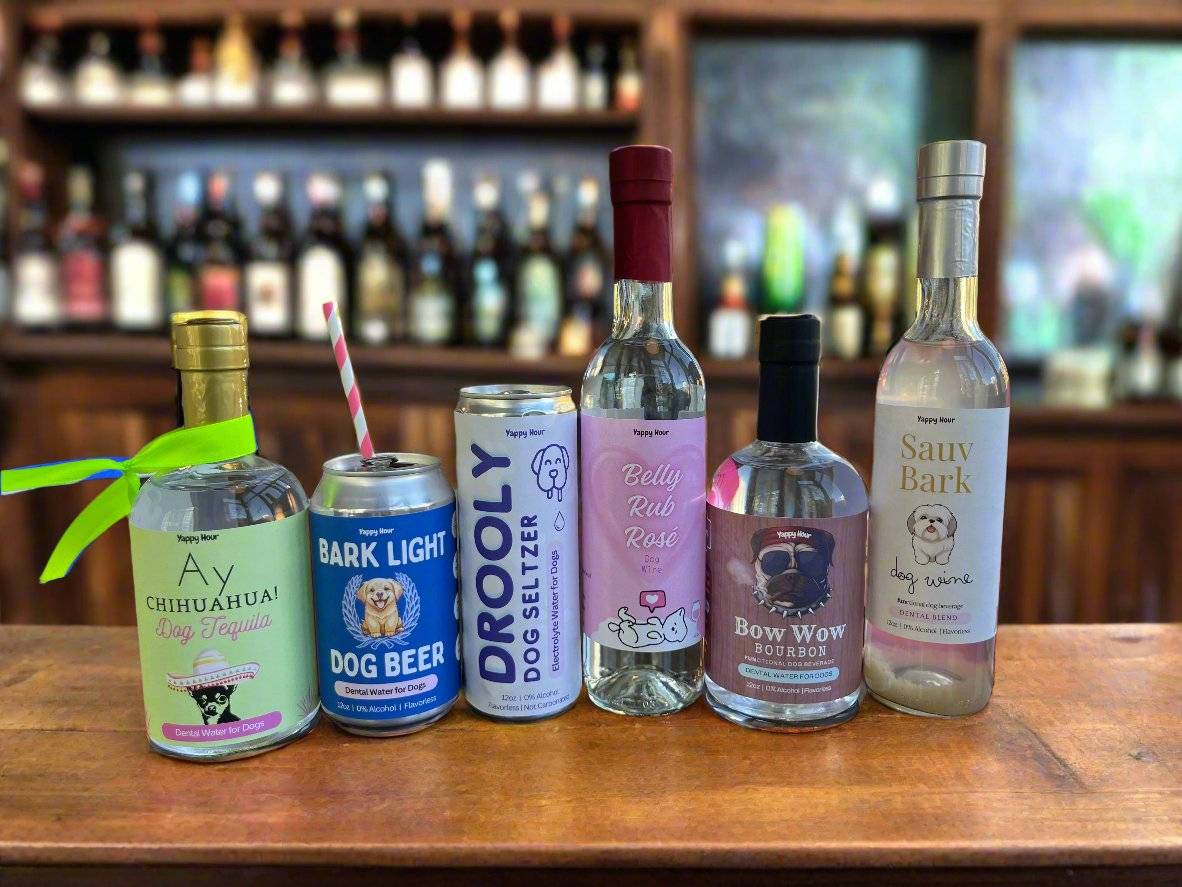 Yappy Hour collection featuring human-booze-inspired dog drinks and novelty pet beverages for dogs