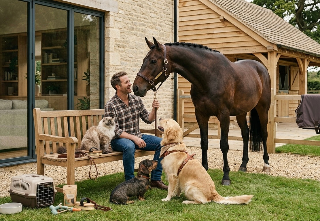 Pet parent outdoors with a horse, dogs, cat, and pet supplies.