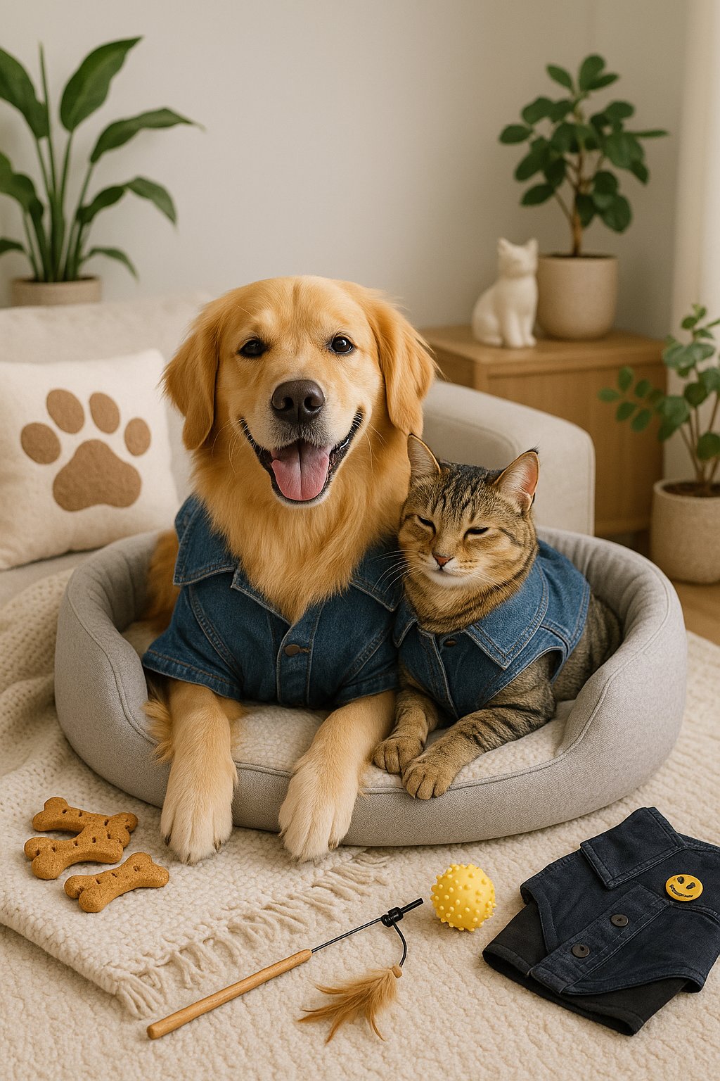 Festive collection of holiday outfits, cozy sweaters, toys, and treats for pets