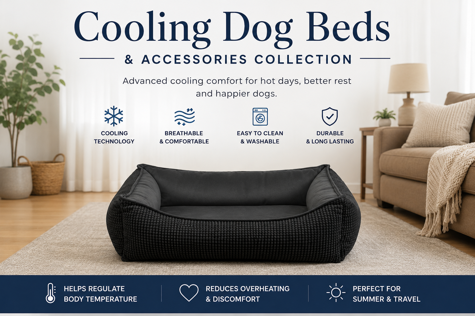 Cooling dog beds and accessories designed to keep dogs cool, comfortable, and supported during warm weather.