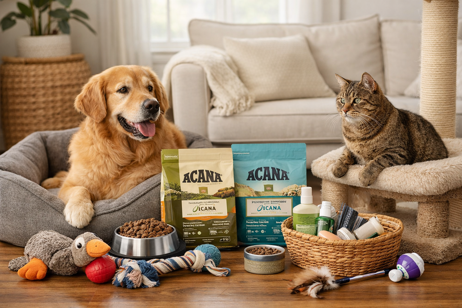 Lifestyle image showcasing dogs and cats enjoying premium pet food, beds, toys, and accessories from the all products collection