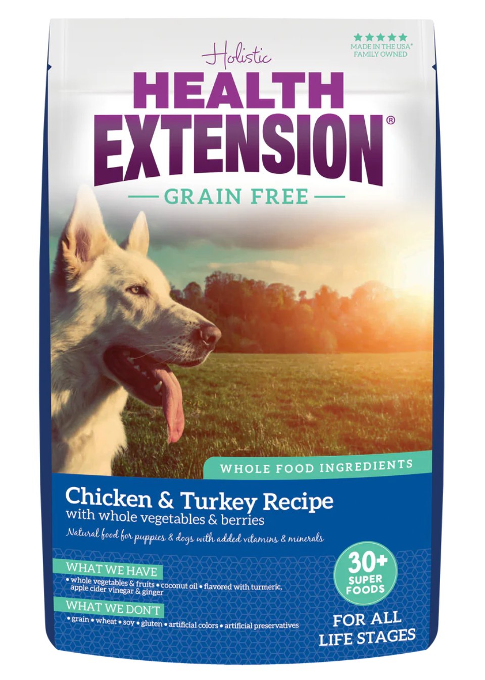 Health Extension pet food collection featuring natural dog and cat food made with high-quality ingredients and balanced nutrition