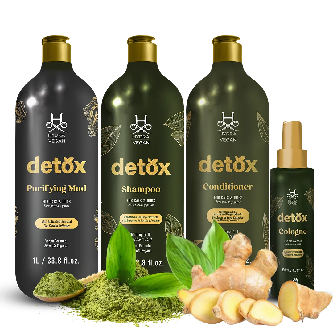Hydra grooming products collection featuring professional pet shampoos, conditioners, and coat care supplies for dogs and cats