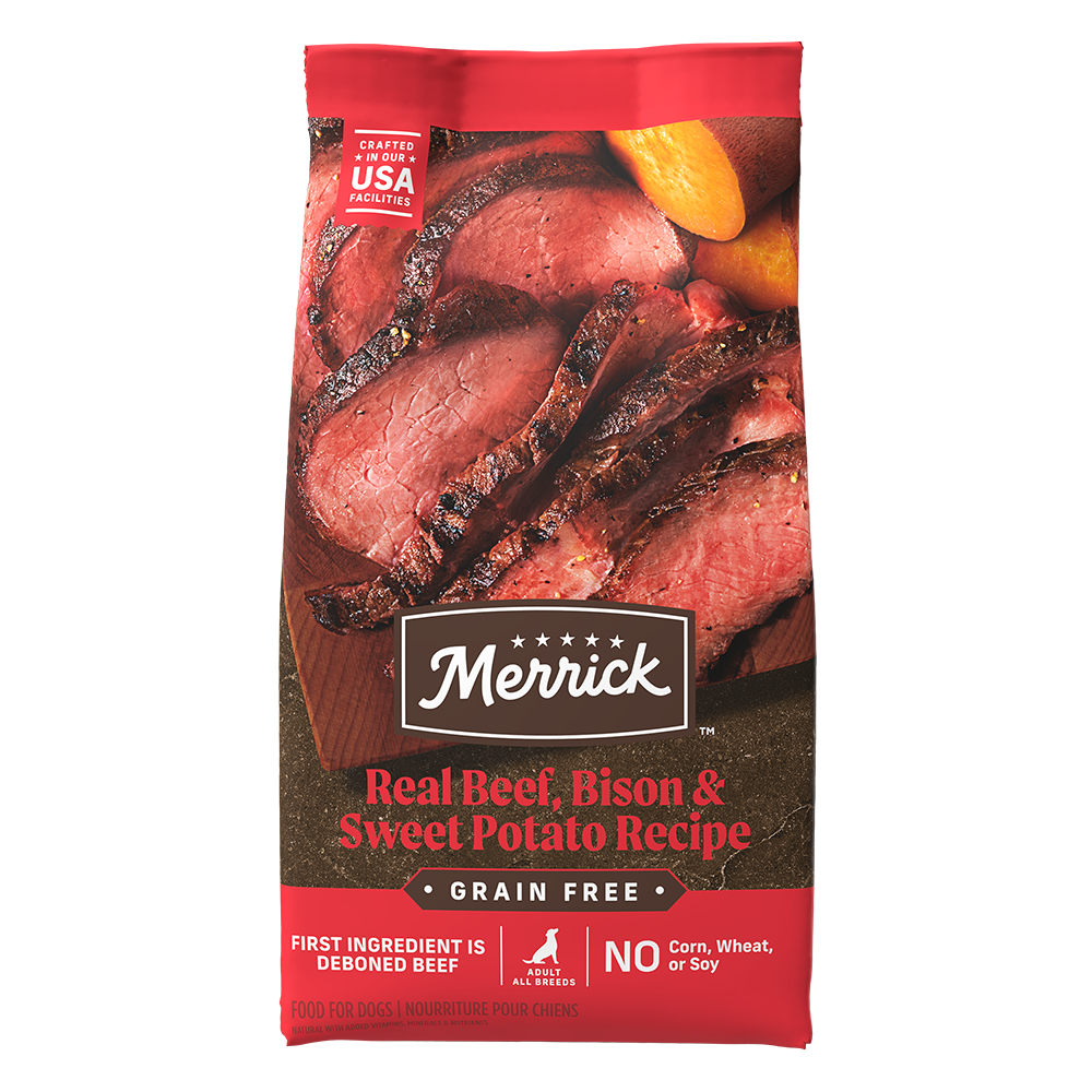 Merrick pet food collection featuring premium dog and cat food made with real meat and high-quality natural ingredients