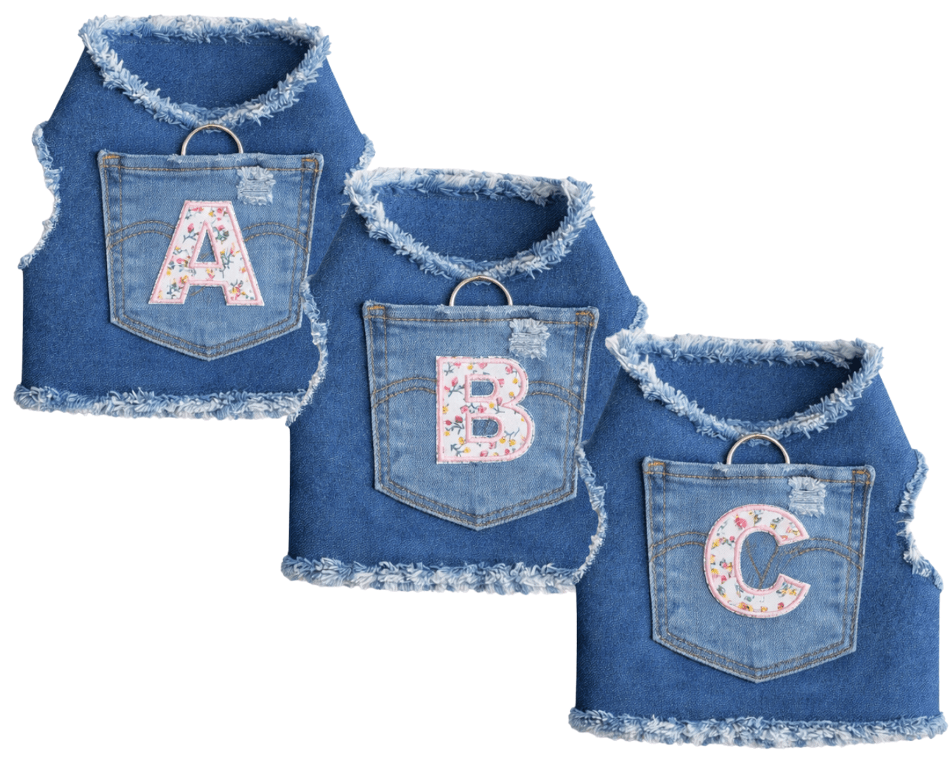 Heads or Tails Pup Denim with Floral Initial Dog Harness