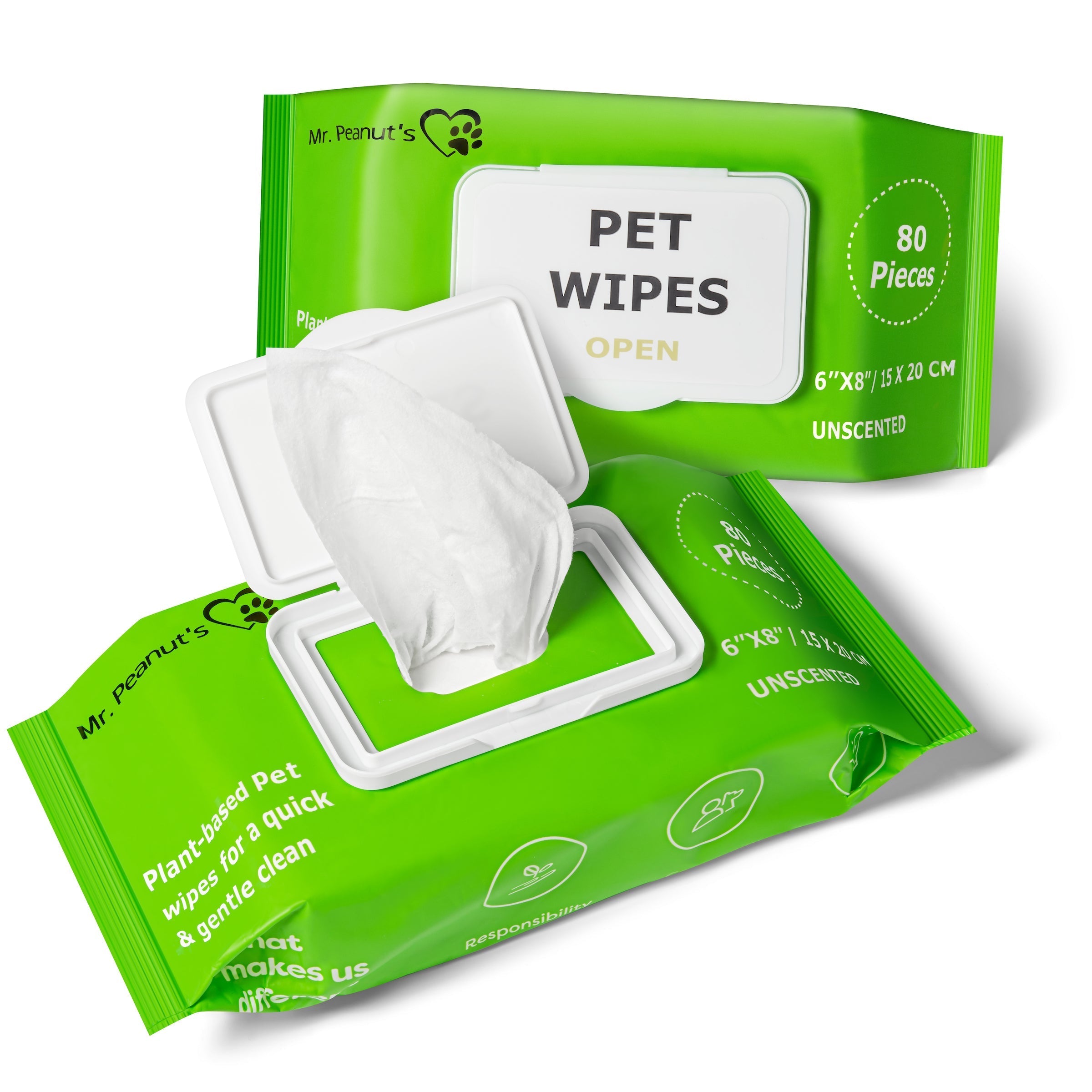 Mr. Peanuts Naturals Plant Based, Flushable, Compostable, Unscented Pet Wipes, 160 Count, Larger 8x6