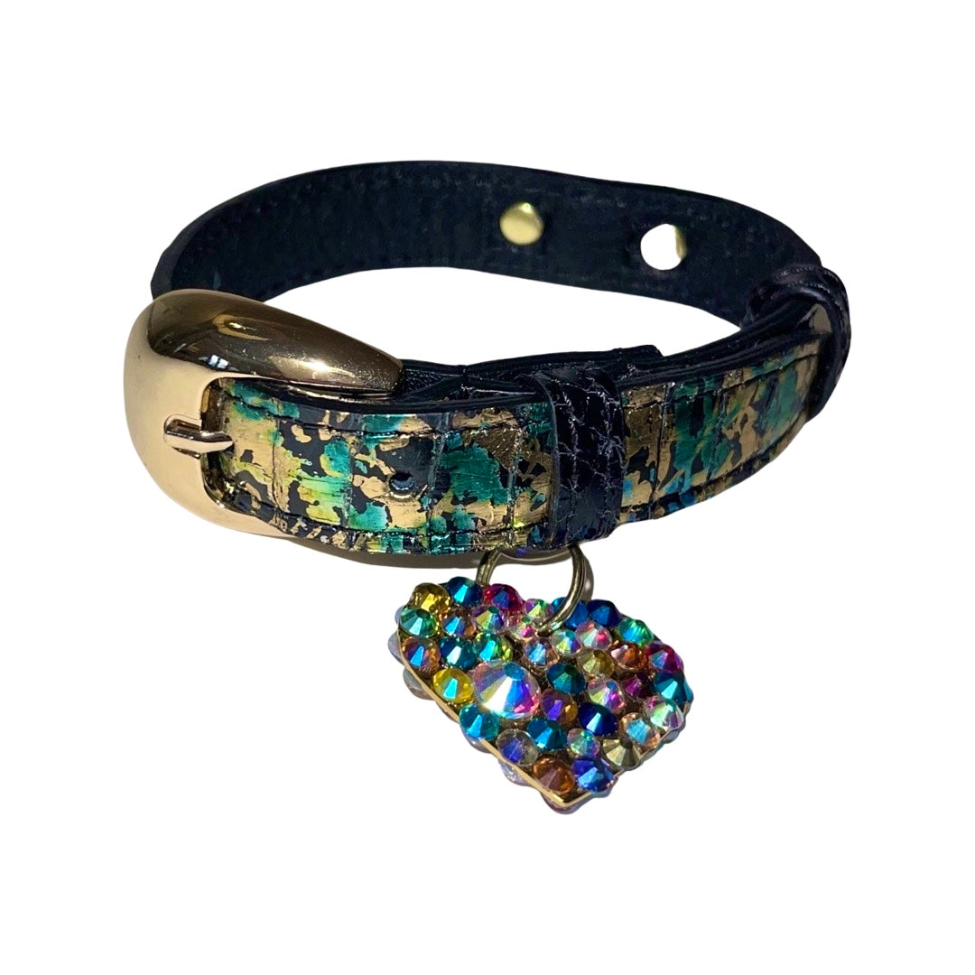 Allysa Payne XS/S 7"-14" Multi-Color Art Deco Custom Snake Dog Collar/Custom Gold Oval Italian Hardware & Swarovski Crystal Heart Charm
