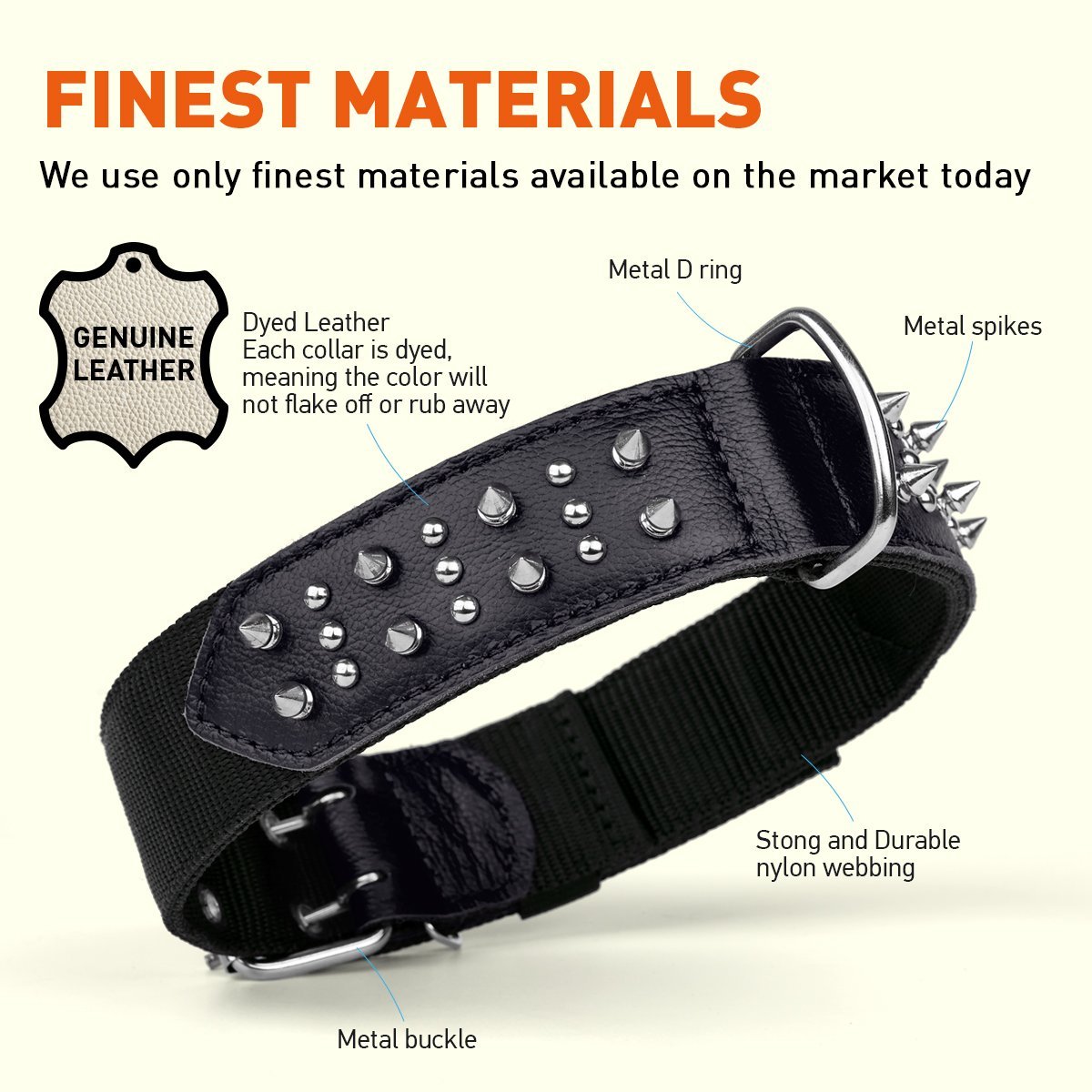 Dogline Leather with Nylon Spiked Dog Collar
