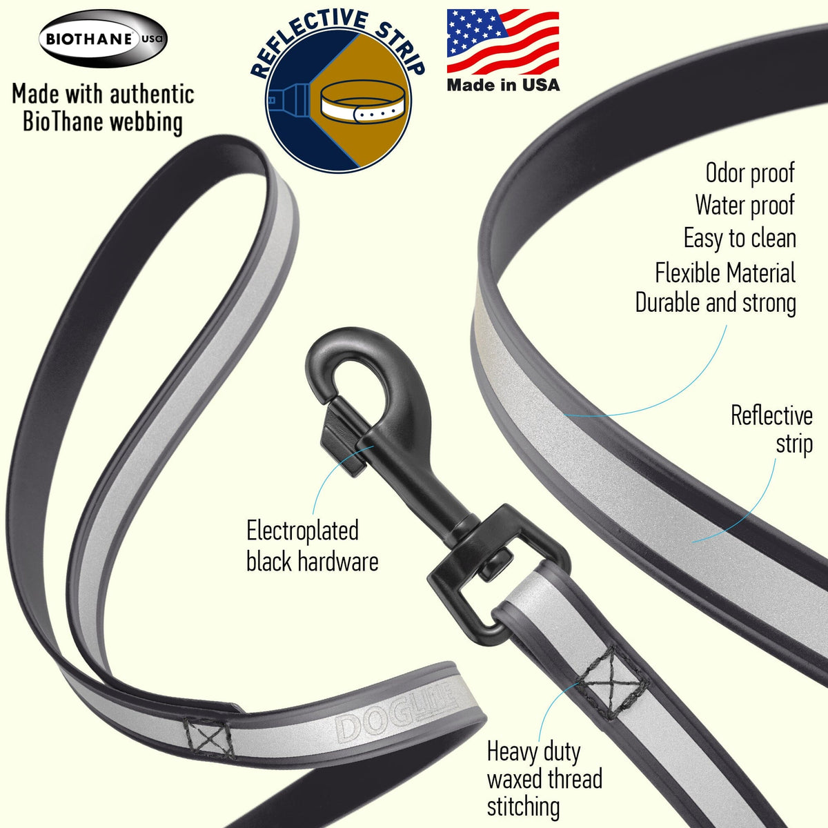 Dogline Reflective BioThane Dog Leash with Black Hardware