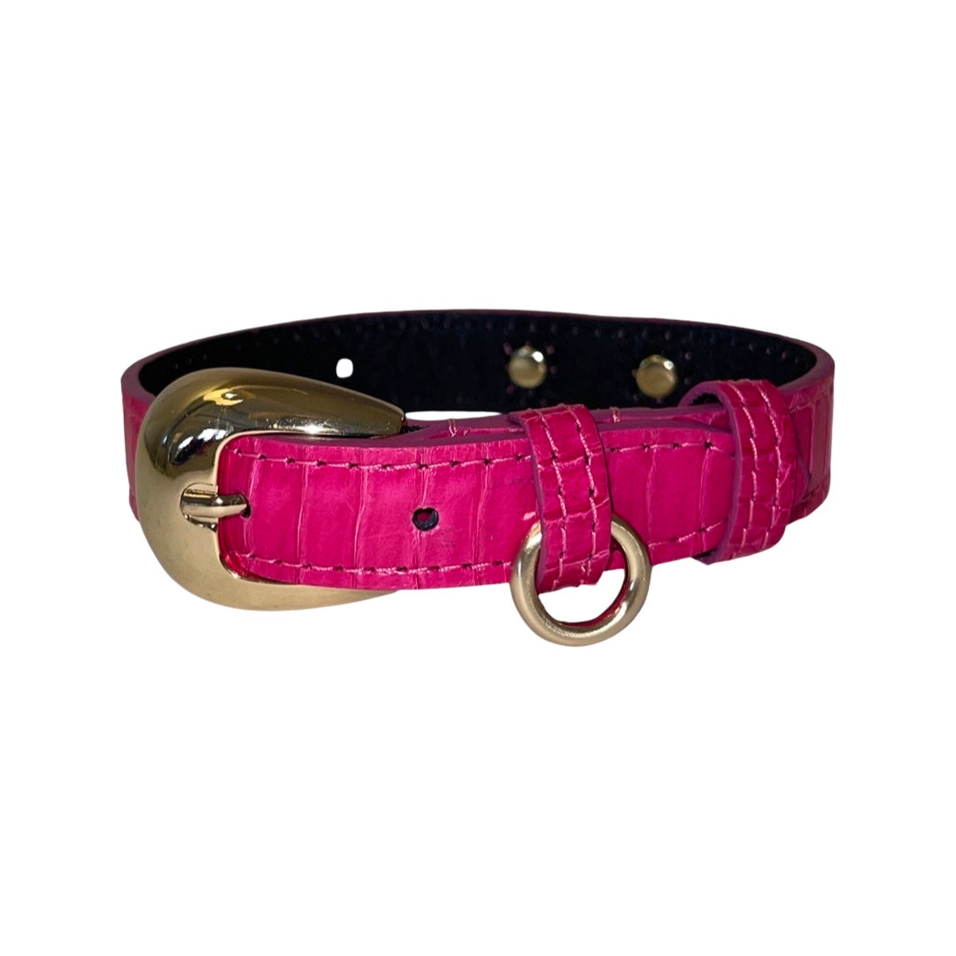 Allysa Payne XS Fuchsia Snake 7"-14" Dog Collar/Custom Gold Italian Hardware