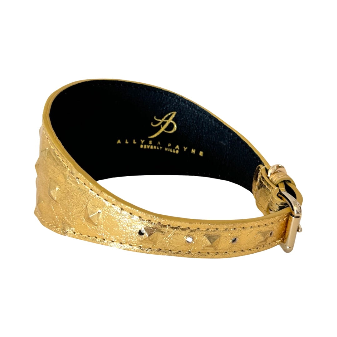 Allysa Payne Glam Gold Embossed Studded Italian Leather 3-Inch Wide Style Dog Collar