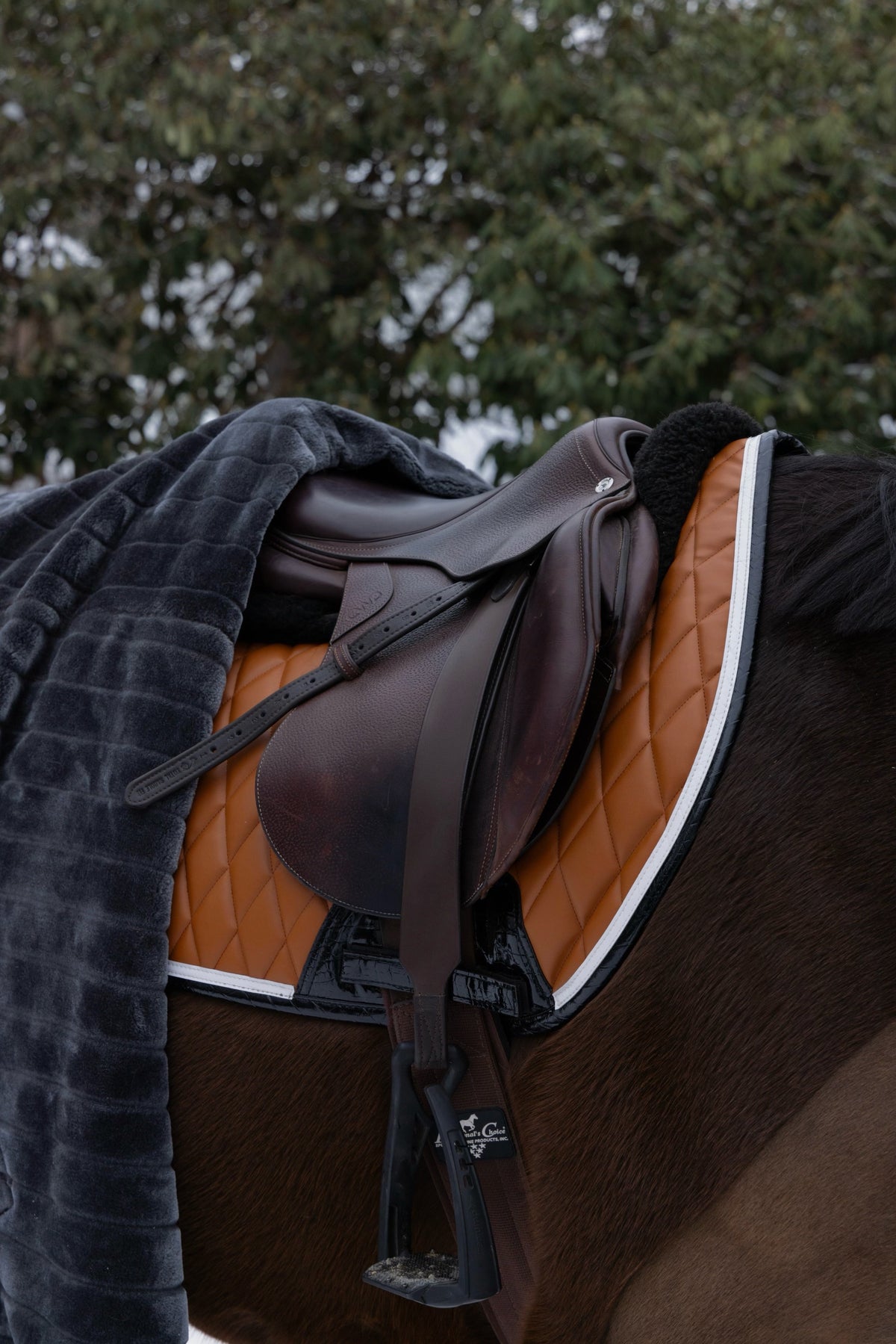 San Eligius cognac quilted jump saddle pad with white and black crocodile piping, outdoor lifestyle shot