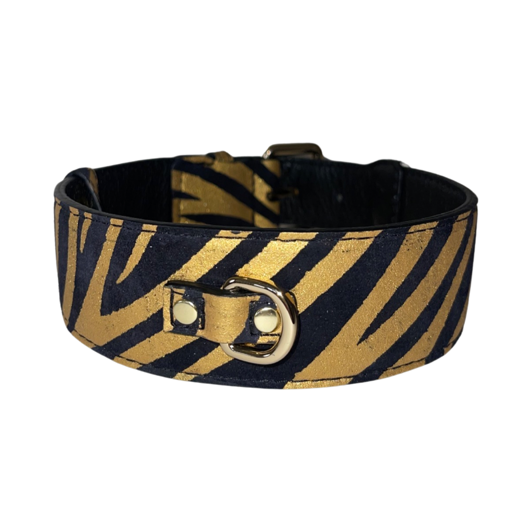 Allysa Payne Black & Gold Zebra Print Italian Leather Classic Dog Collar