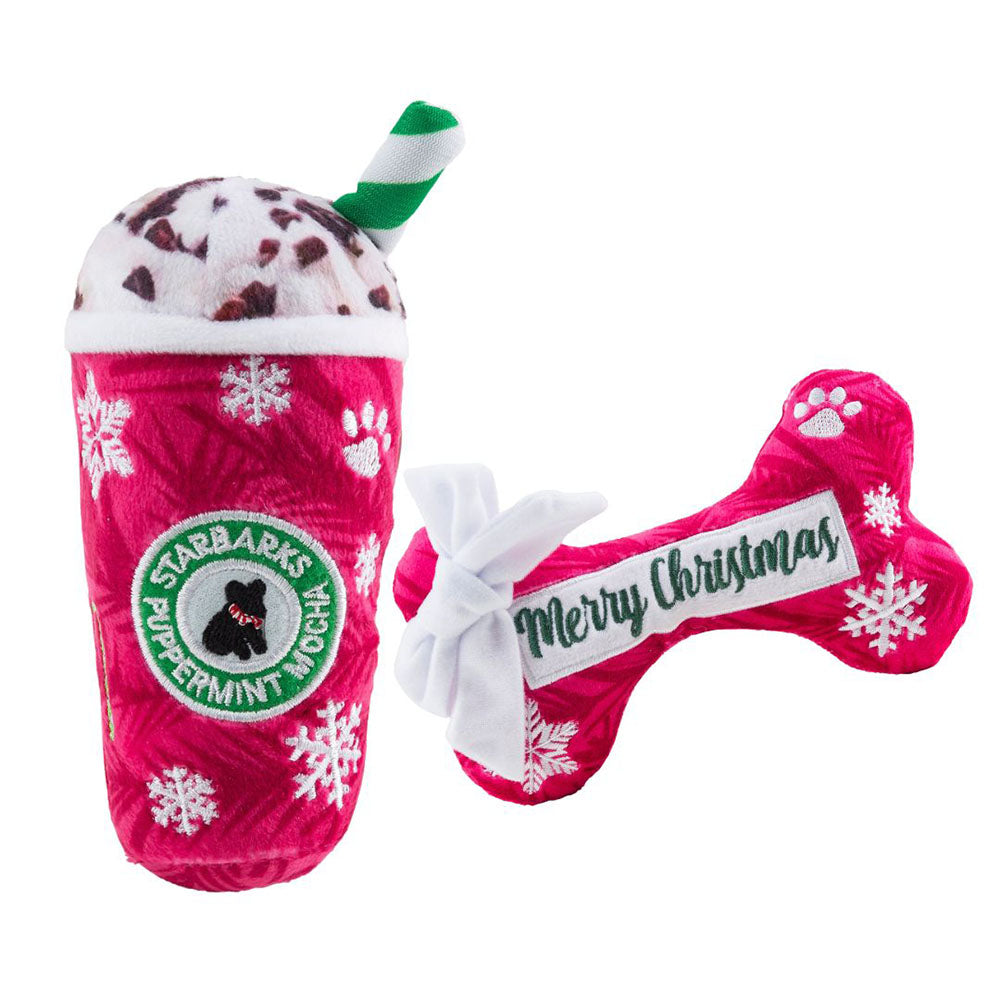 Haute Diggity Dog Merry Christmas Bone & Starbarks Puppermint Mocha Original Cup Christmas Plush Dog Toy
