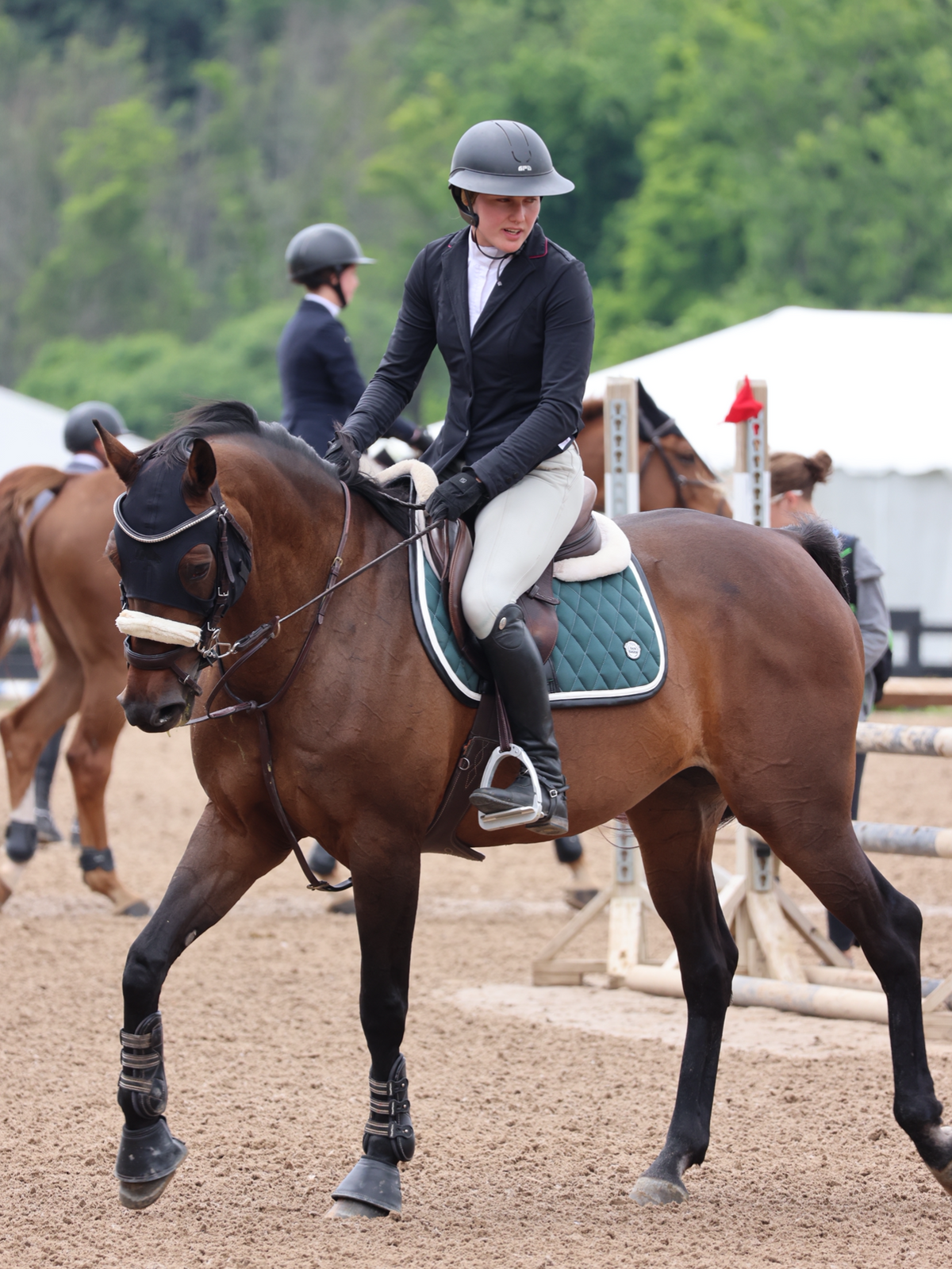 San Eligius green quilted jump saddle pad with white and black leather piping, close-up of piping detail