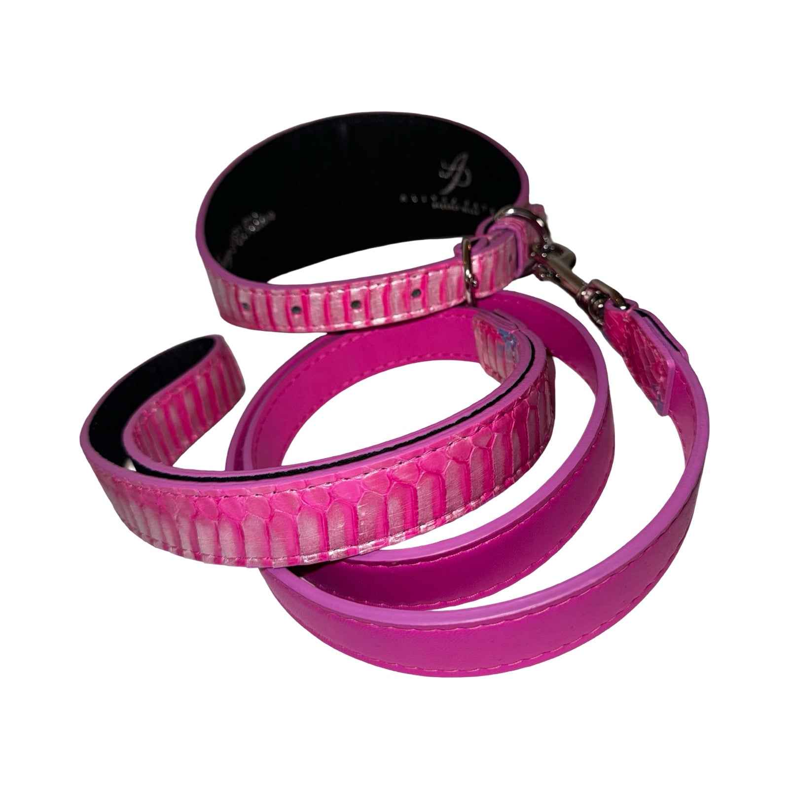 Allysa Payne Pavé In Pink Authentic Iridescent Snake 3-Inch Wide Style Statement Dog Collar & Leash Set